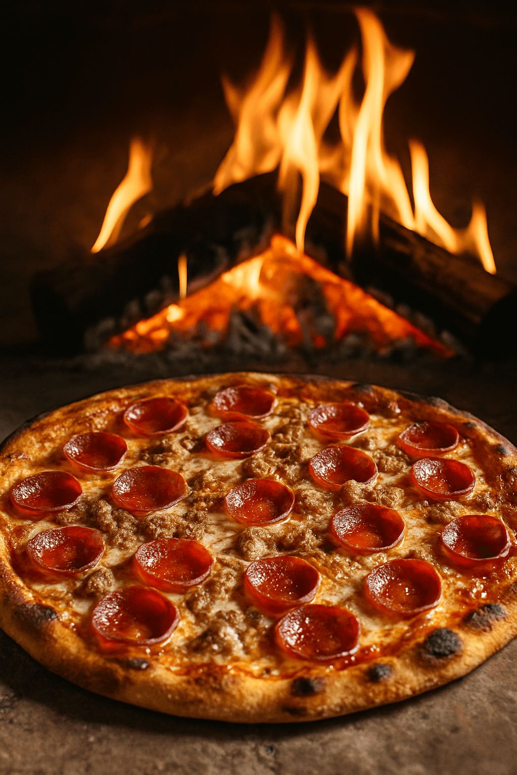 Wood-fired pizza in blazing oven